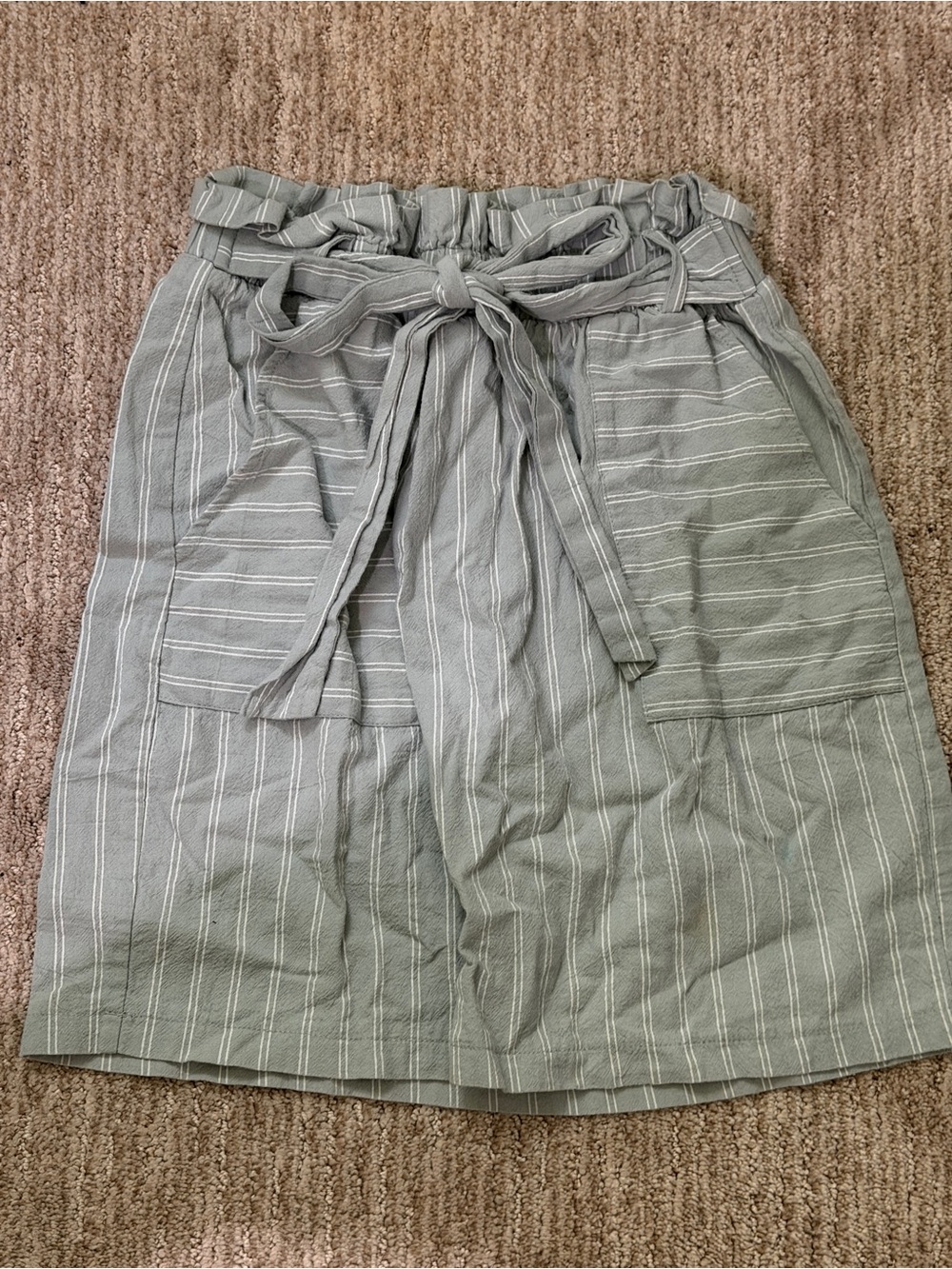 Women's Green Striped Paperbag Waist Skirt with Tie with Pockets